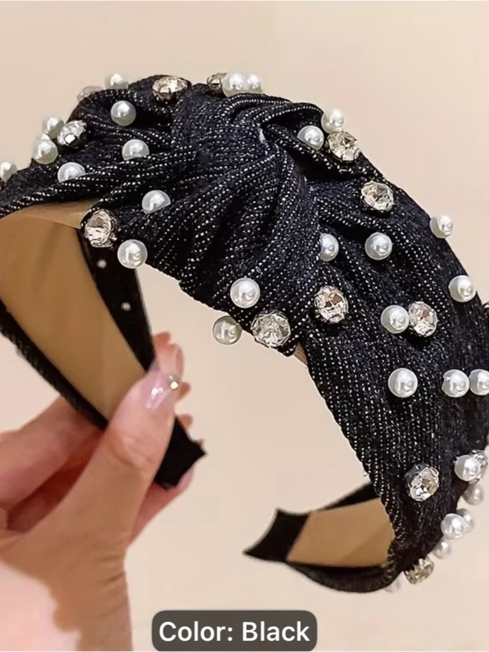 1 Stylish Brimmed Pearl & Rhinestone Knotted Headband - Black